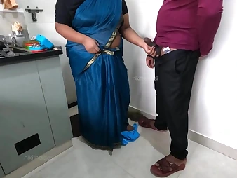Wild Tamil Maid Nikithadesi Drains with a proprietor Pipe in the Kitchen